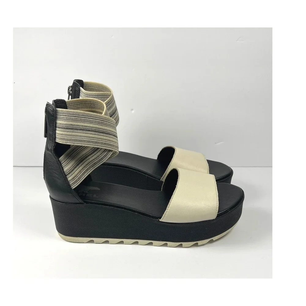 Sorel Cameron Ankle Strap Sandals Women's Size 8.5 Black White Platform